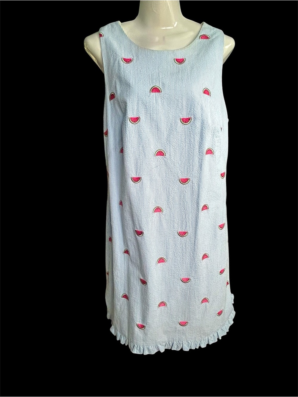 Talbots Light Blue Seersucker Dress with Watermelon Embroidery. Size 10. - Picture 6 of 8
